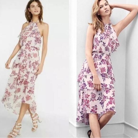 Express Halter Tiered Ruffle Hi-Low Dress in Pink Floral XS TP Tall Petite - Picture 8 of 16